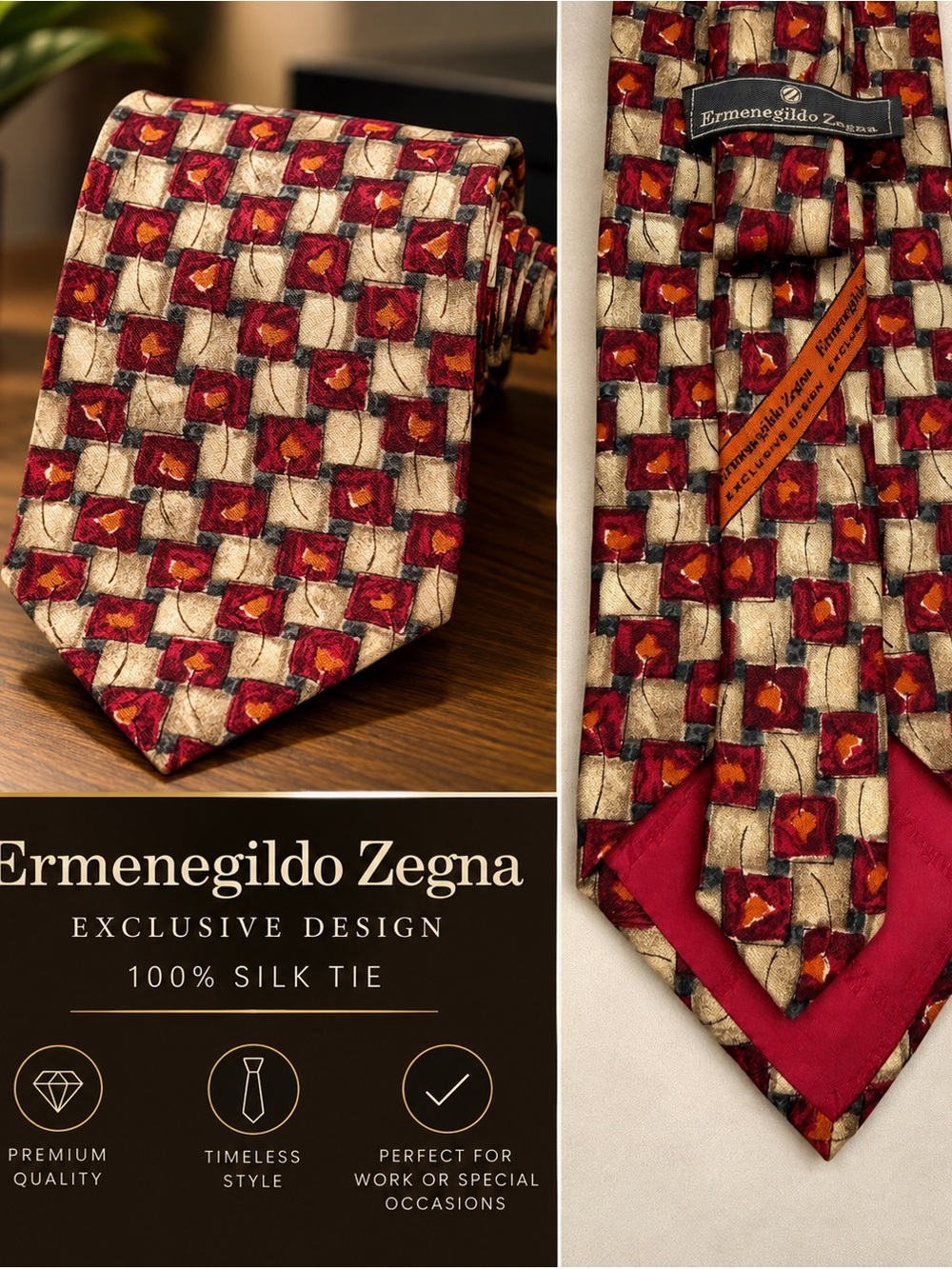 Ermenegildo Zegna Red and Cream Geometric Silk Tie